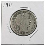 1911 Barber Silver Half Dollar, 50c Coin, 90%