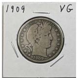 1909 Barber Silver Half Dollar, 50c Coin, 90%