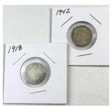 1918 & 1942 Silver Canada Dimes