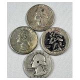 (4) 1943-1964 Washington Silver Quarters, 90%