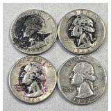 (4) 1939-1964 Washington Silver Quarters, 90%