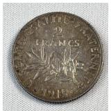 1915 France Silver 2 Francs Coin