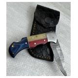 Damascus Steel Folding Mini Knife w/ Sheath