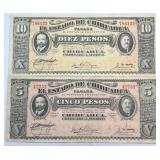1915 Mexico 5 & 10 Pesos Banknotes,  Ser. J&H