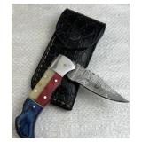 Damascus Steel Folding Blade Knife w/ Sheath