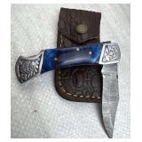 Damascus Steel Folding Blade Knife w/ Sheath