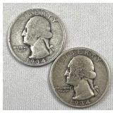 (2) 1934 Silver Washington Quarters, US 90%
