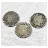 1898, 1899, 1900 Barber Silver Dimes, 10c, 90%