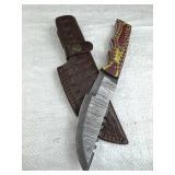 Lg Damascus Steel Fixed Blade Knife w/ Sheath
