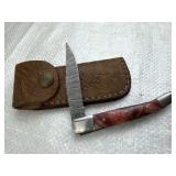 Damascus Steel Folding Blade Knife w/ Sheath