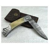 Damascus Steel Folding Blade Knife w/ Sheath
