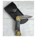 Damascus Steel Folding Blade Knife w/ Sheath