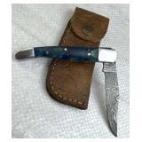 Damascus Steel Folding Blade Knife w/ Sheath