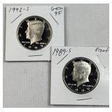 1989-S & 1992-S Proof JFK Half Dollars, Gem