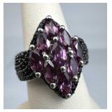 925 Silver Garnets & Black Tourmaline Ring