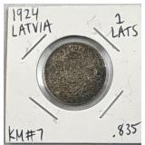 1924 Latvia Silver 1 Lats Coin .835
