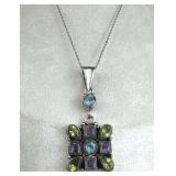 925 Silver Multi-Gem Square Pendant Necklace