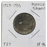 1929-34 Morocco Silver 5 Francs Coin .680