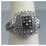 925 Silver Genuine White and Black Diamond Ring