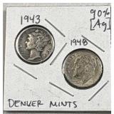 (2) 90% Silver Dimes, 1943D Merc. 1948D Rosy