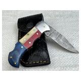 Damascus Steel Folding Blade Knife w/ Sheath