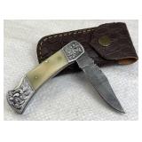 Damascus Steel Folding Blade Knife w/ Sheath