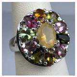 925 Silver Multi-Gemstone Floral Cluster Ring