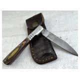 Damascus Steel Folding Blade Knife w/ Sheath