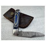 Damascus Steel Folding Blade Knife w/ Sheath