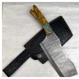 Lg Damascus Steel Cleaver Blade Knife w/ Sheath