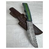 Lg Damascus Steel Fixed Blade Knife w/ Sheath