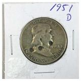 1951-D Franklin Silver Half Dollar, US 90%, Dmg