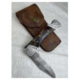 Damascus Steel Folding Blade Knife w/ Sheath