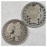 (2) 1897, 1898 Barber Silver 25c, 90% Coins