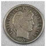 1911 Barber Silver Dime, 10c, 90% Coin