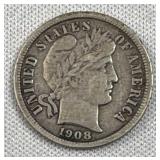1908-D Barber Silver Dime, 10c, 90% Coin