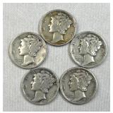 (5) 1940-44 Silver Mercury Dimes, WWII Era