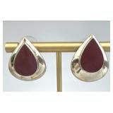 925 Silver Vtg Red Stone Inlay Teardrop Post Earri