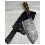 Lg Damascus Steel Cleaver Blade Knife w/ Sheath
