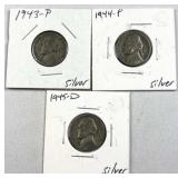 (3) 1943-45 Silver War Nickels, WWII Era 35%