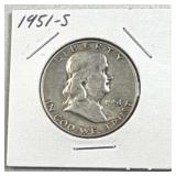 1951-S Franklin Silver Half Dollar, US 90% Coin