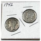 (2) 1942 Mercury Silver Dimes, US 90% Coin