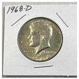 1968-D JFK 40% Silver Half Dollar, US 50c Coin