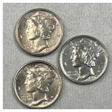 (3) Mercury Silver Dimes, 10c, 90%