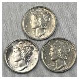 (3) Mercury Silver Dimes, 10c, 90%