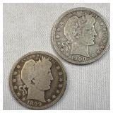 (2) 1899, 1900 Barber Silver 25c, 90%