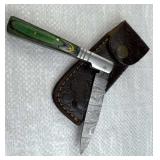 Damascus Steel Folding Blade Knife w/ Sheath