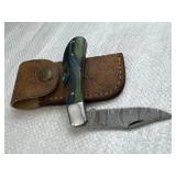 Damascus Steel Folding Blade Knife w/ Sheath