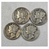 (4) 1920s Mercury Silver Dimes, 10c, 90%