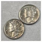 (2) 1940, 1942-D Mercury Silver Dimes, Quality